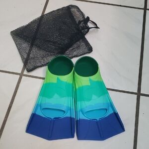Brand new Kids Swim Flippers - Blue and Green, in mesh bag